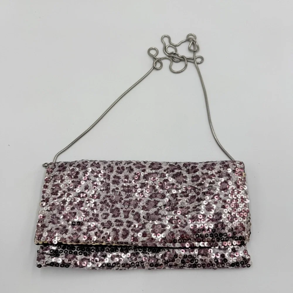 BCBGMAXAZRIA‎ Sequin Leopard Clutch OS Pink Silver Y2K Glam Evening Bag